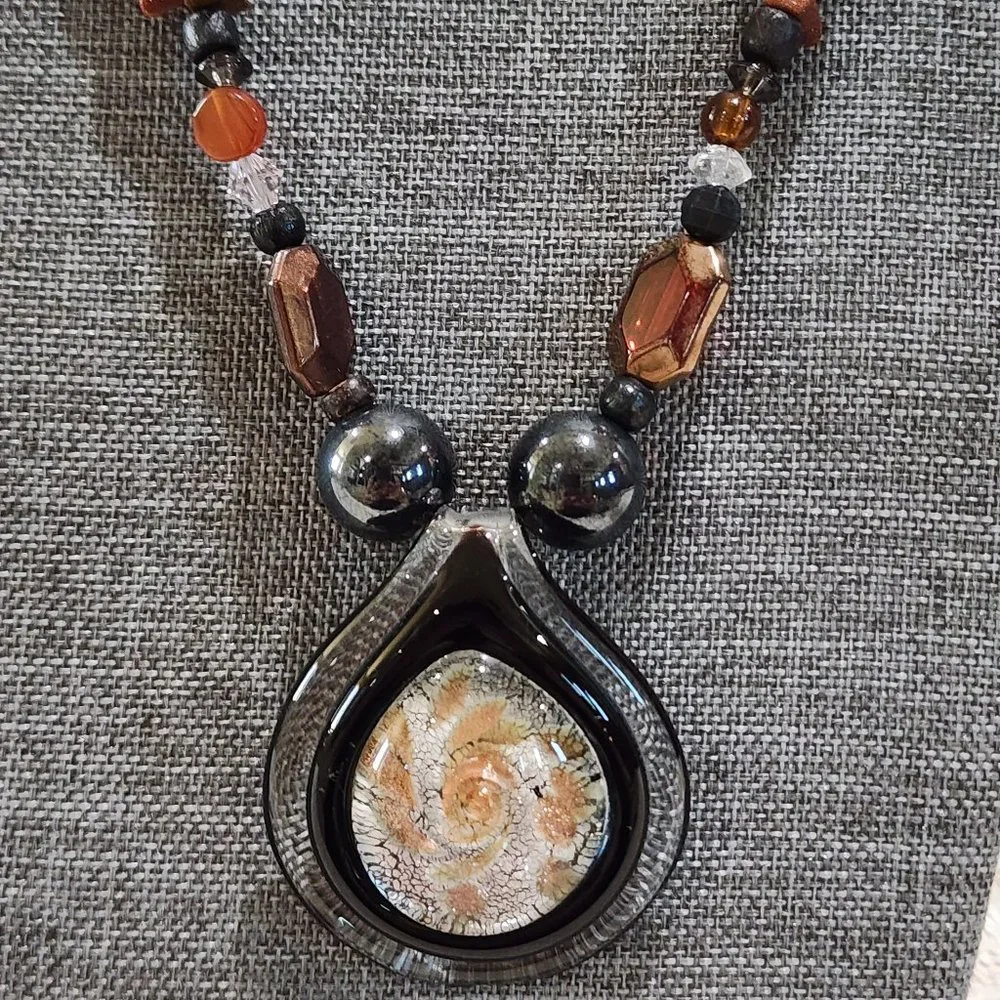 Artisan BOHO Earth Tone Large Blown Glass Swirl Pendant Beaded Long Necklace
